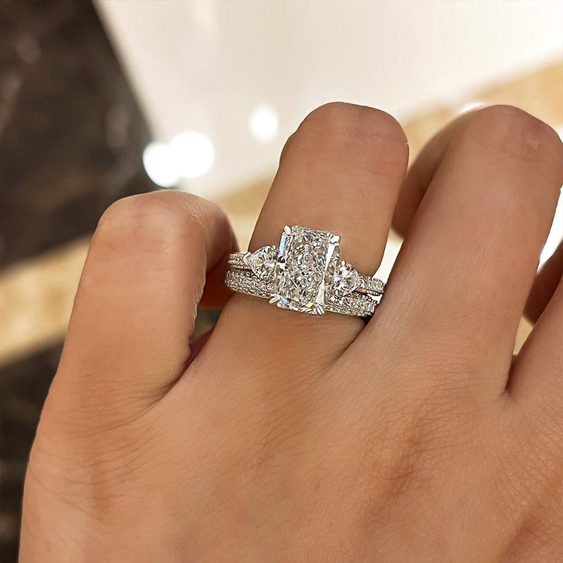 2 pcs Radiant Cut Three Stone Wedding Ring Bridal Set In Sterling Silver Shineofdiamond