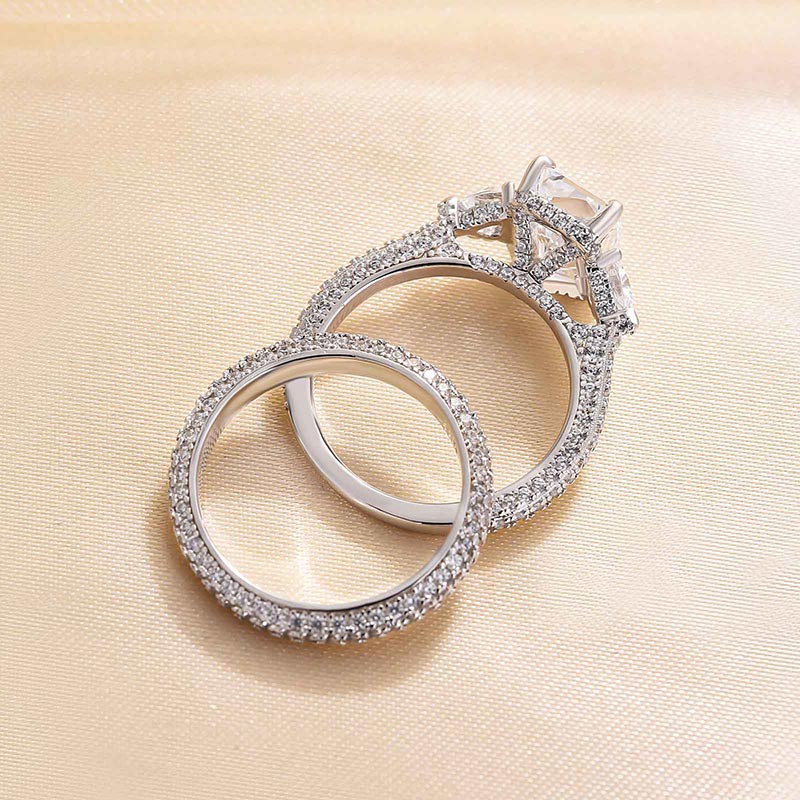 2 pcs Radiant Cut Three Stone Wedding Ring Bridal Set In Sterling Silver Shineofdiamond