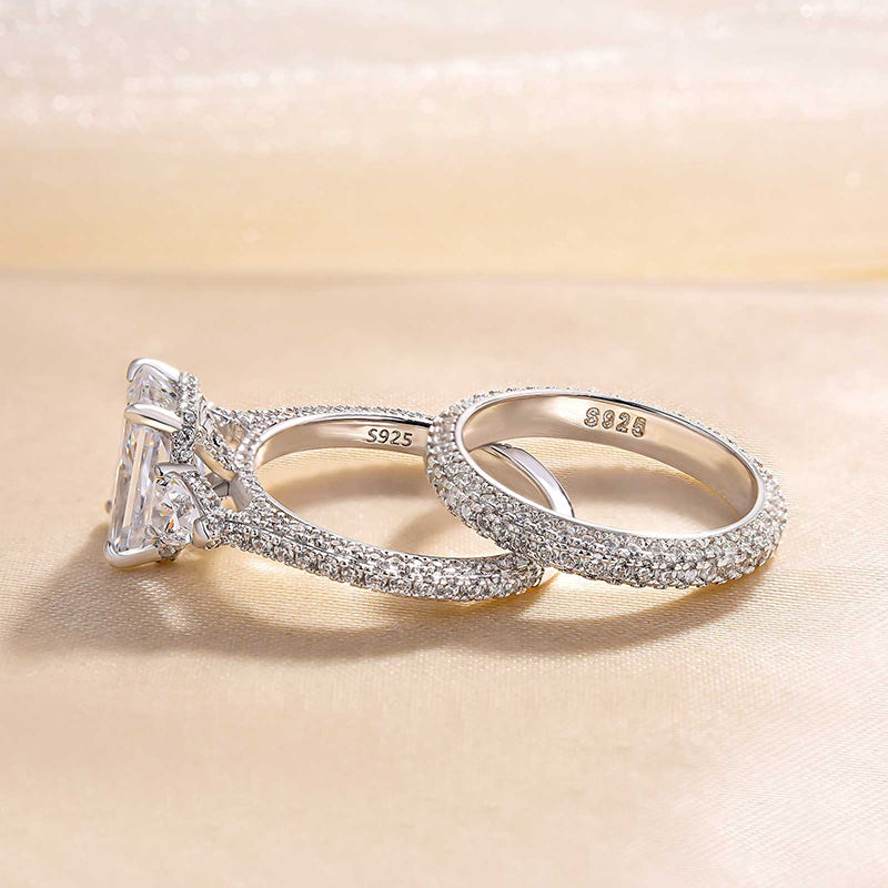 2 pcs Radiant Cut Three Stone Wedding Ring Bridal Set In Sterling Silver Shineofdiamond
