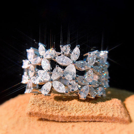 Marquise & Pear Cut Four-leaf Flower Wedding Band Split Shank in Sterling Silver Shineofidamond