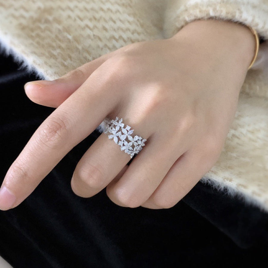 Marquise & Pear Cut Four-leaf Flower Wedding Band Split Shank in Sterling Silver Shineofidamond