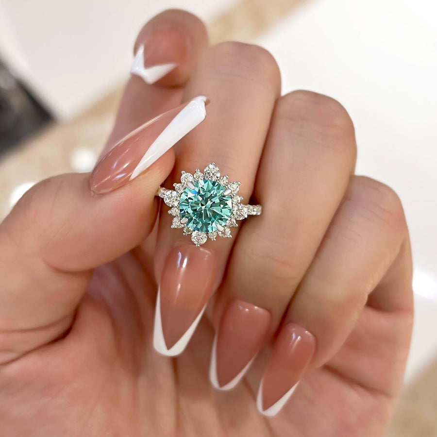 Snowflake Round Cut Cyan Blue Engagement Ring In Sterling Silver Shineofdiamond