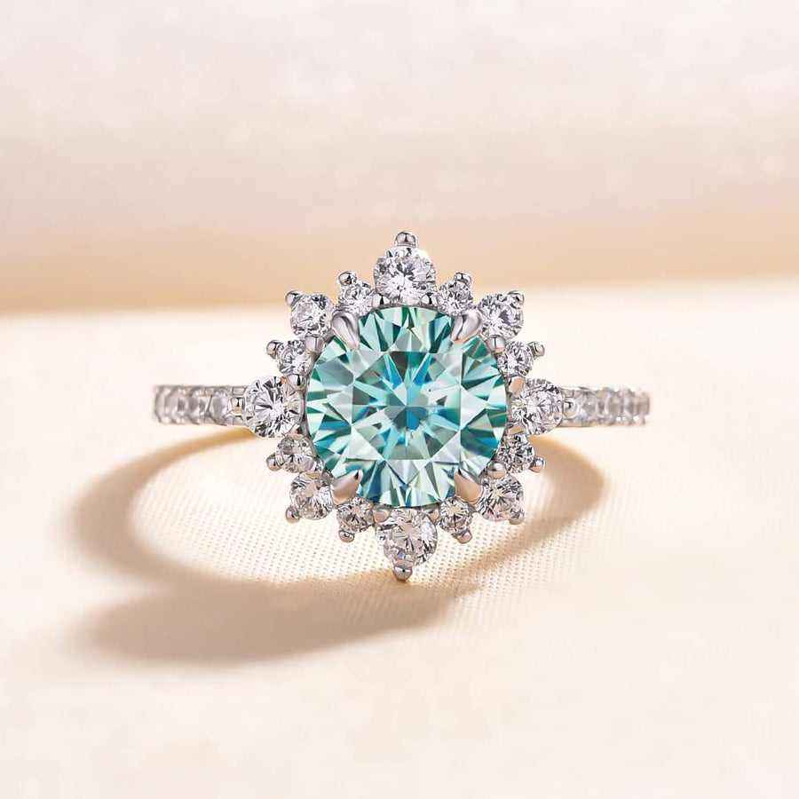 Snowflake Round Cut Cyan Blue Engagement Ring In Sterling Silver Shineofdiamond