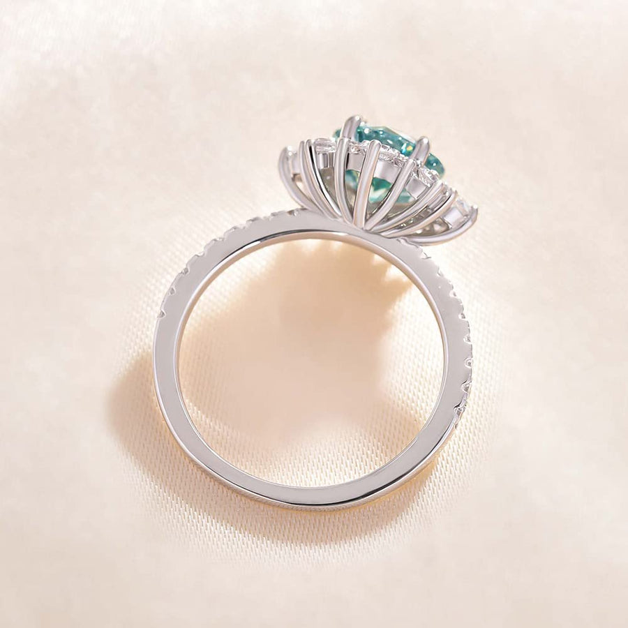 Snowflake Round Cut Cyan Blue Engagement Ring In Sterling Silver Shineofdiamond