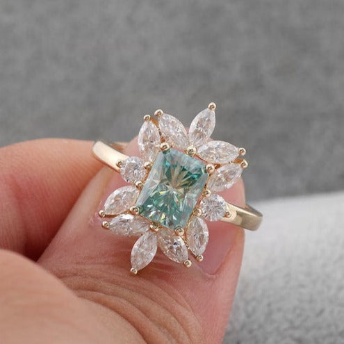 Blue Radiant Cut Engagement Ring in Sterling Silver with Marquise Cluster Side Stone Shineofdiamond