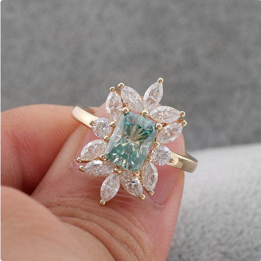 Blue Radiant Cut Engagement Ring in Sterling Silver with Marquise Cluster Side Stone Shineofdiamond