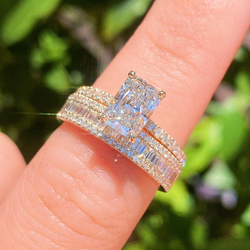 2pcs Golden Tone Radiant Cut Ring With Baguette Band Bridal Set in Sterling Silver Shineofdiamond
