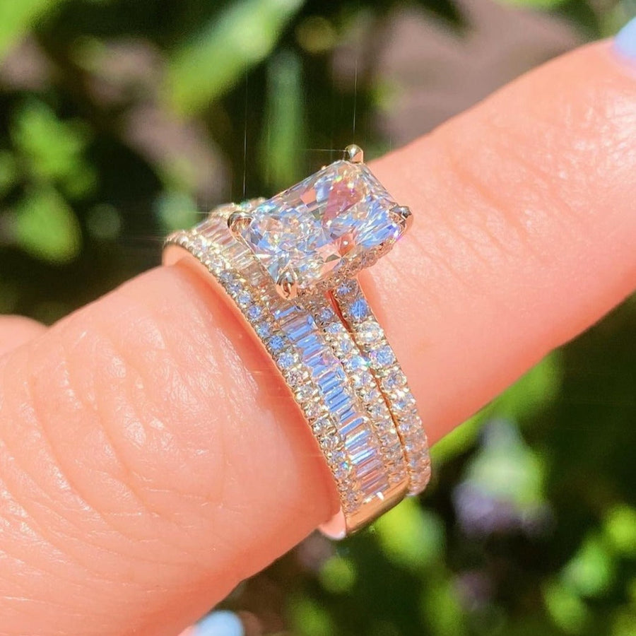 2pcs Golden Tone Radiant Cut Ring With Baguette Band Bridal Set in Sterling Silver Shineofdiamond