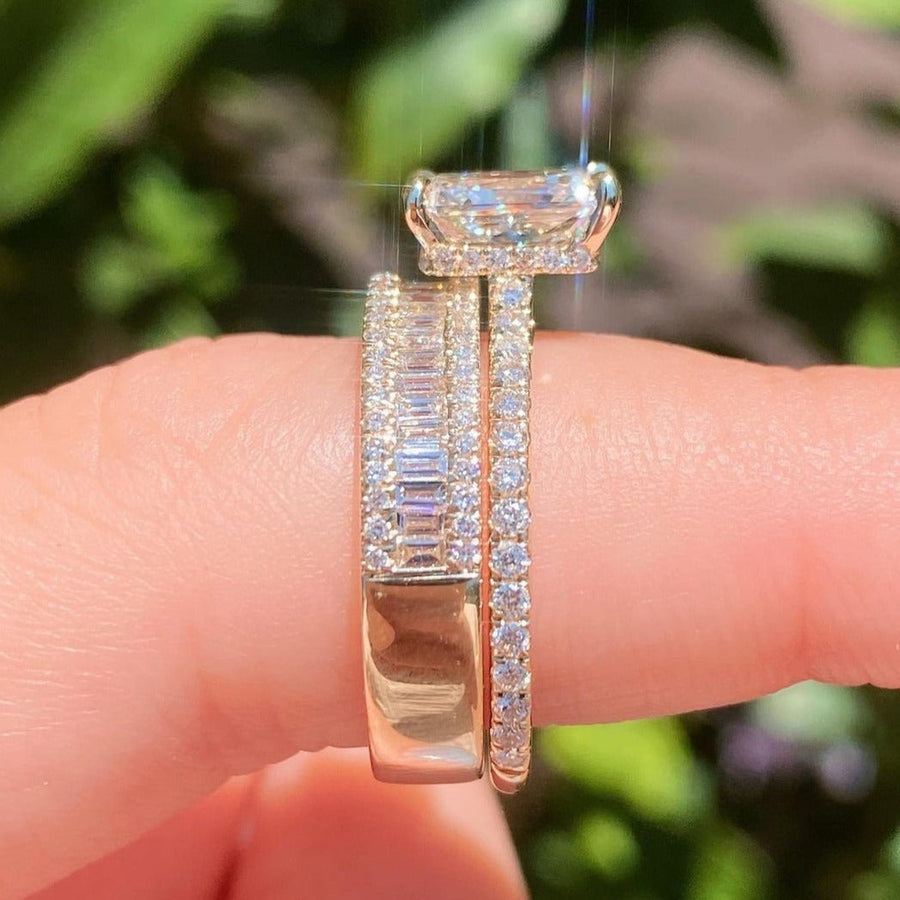 2pcs Golden Tone Radiant Cut Ring With Baguette Band Bridal Set in Sterling Silver Shineofdiamond