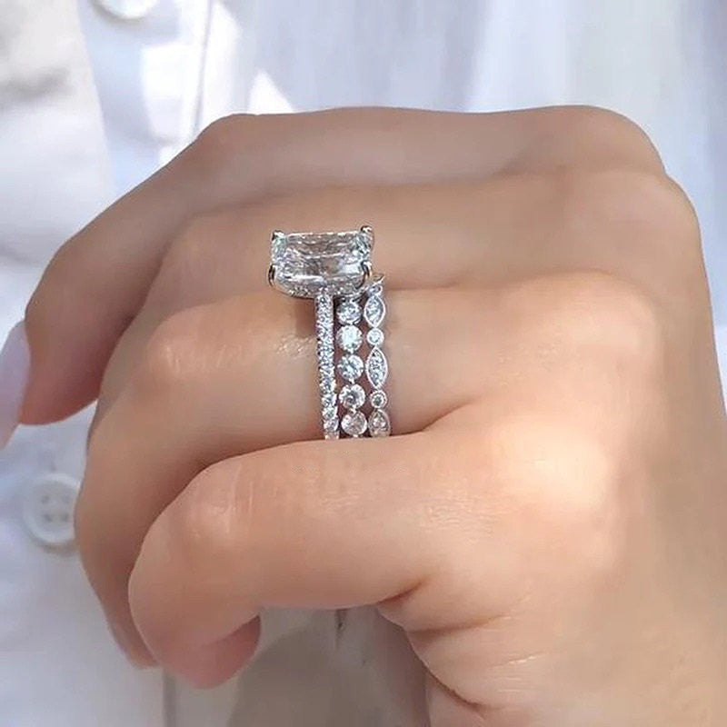 3pcs 3CT Radiant Cut Bridal Set Rings with Marquise & Round Cut Band in Sterling Silver Shineofdiamond
