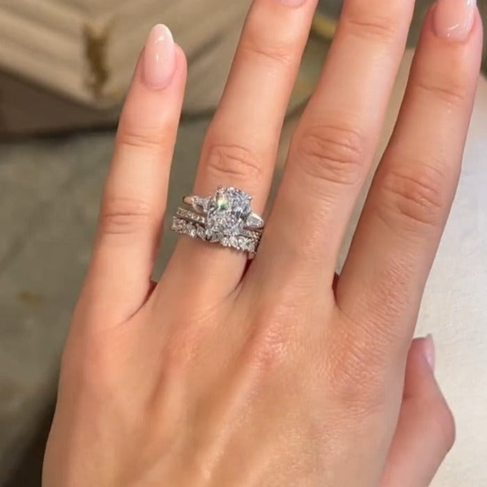 3PCS Cushion Cut Three Stone Bridal Set Rings In Sterling Silver shineofdiamond