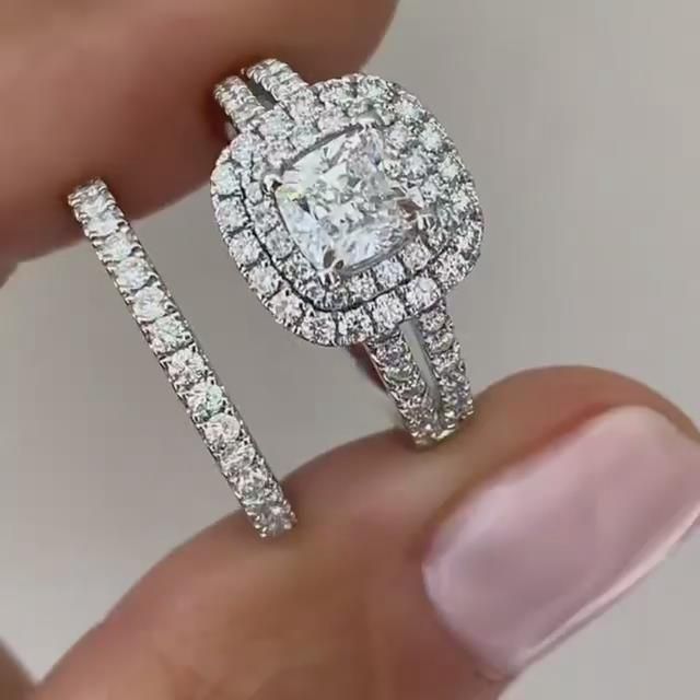 2PCS Double Halo Cushion Cut Bridal Set Ring in Sterling Silver shine of diamond