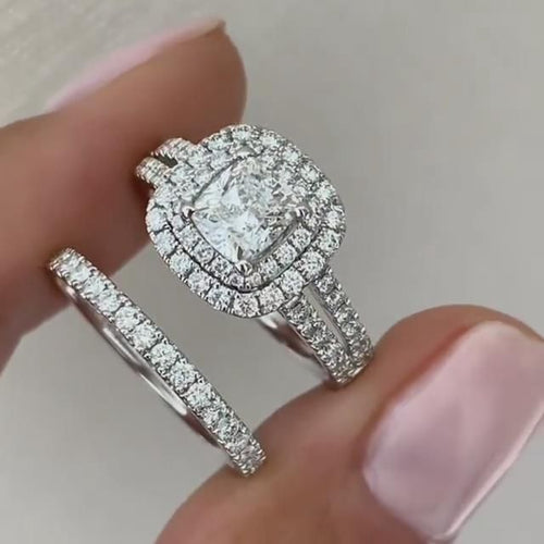 2PCS Double Halo Cushion Cut Bridal Set Ring in Sterling Silver shine of diamond