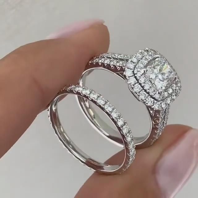 2PCS Double Halo Cushion Cut Bridal Set Ring in Sterling Silver shine of diamond
