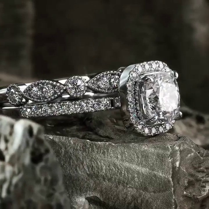 2.75CT Halo Cushion Cut Bridal Sets with Marquise Cut Band In Sterling Silver shine of diamond