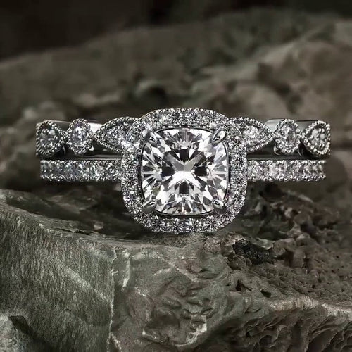 2.75CT Halo Cushion Cut Bridal Sets with Marquise Cut Band In Sterling Silver shine of diamond