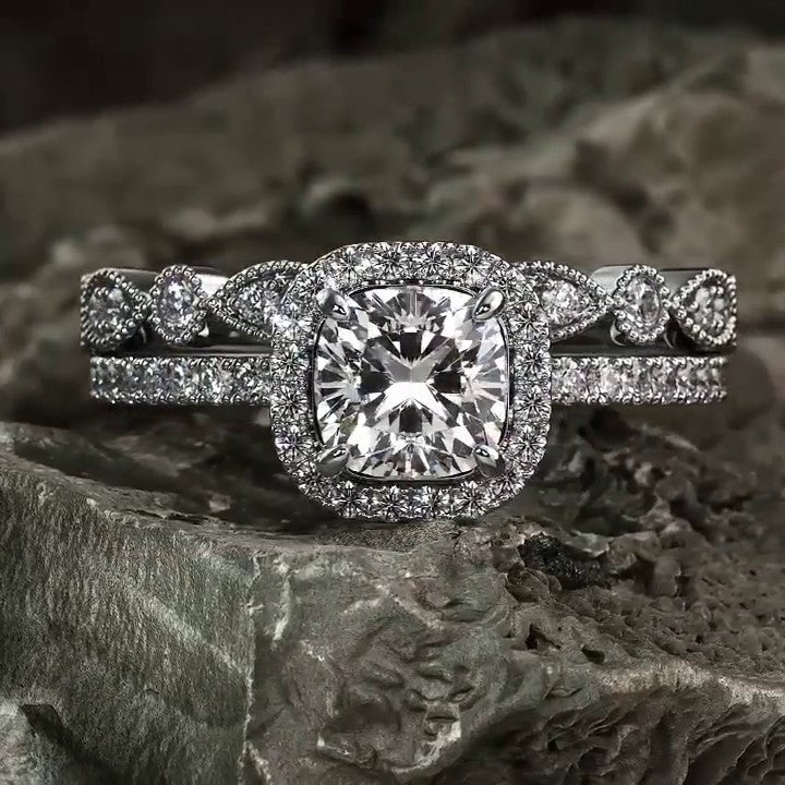 2.75CT Halo Cushion Cut Bridal Sets with Marquise Cut Band In Sterling Silver shine of diamond