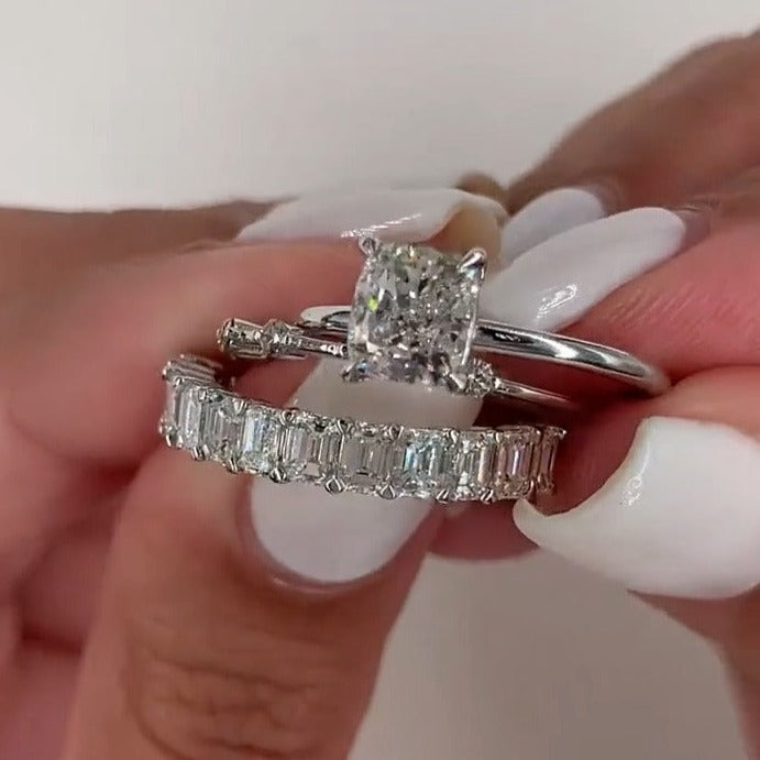 3pcs Cushion Cut with Emerald Band Bridal Set Rings In Sterling Silver Shineofdiamond