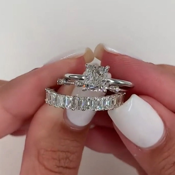 3pcs Cushion Cut with Emerald Band Bridal Set Rings In Sterling Silver Shineofdiamond