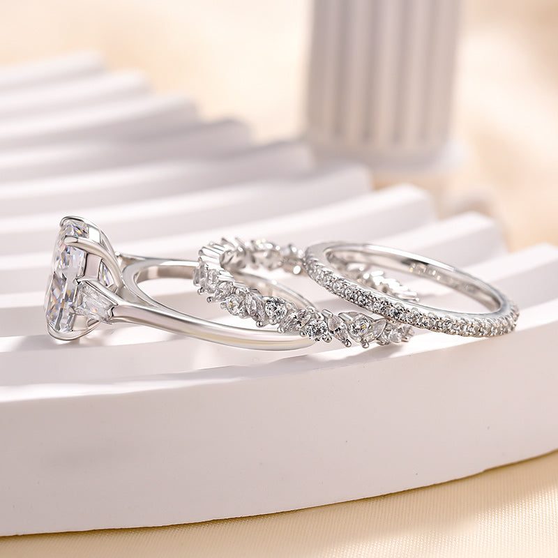 3PCS Cushion Cut Three Stone Bridal Set Rings In Sterling Silver shineofdiamond
