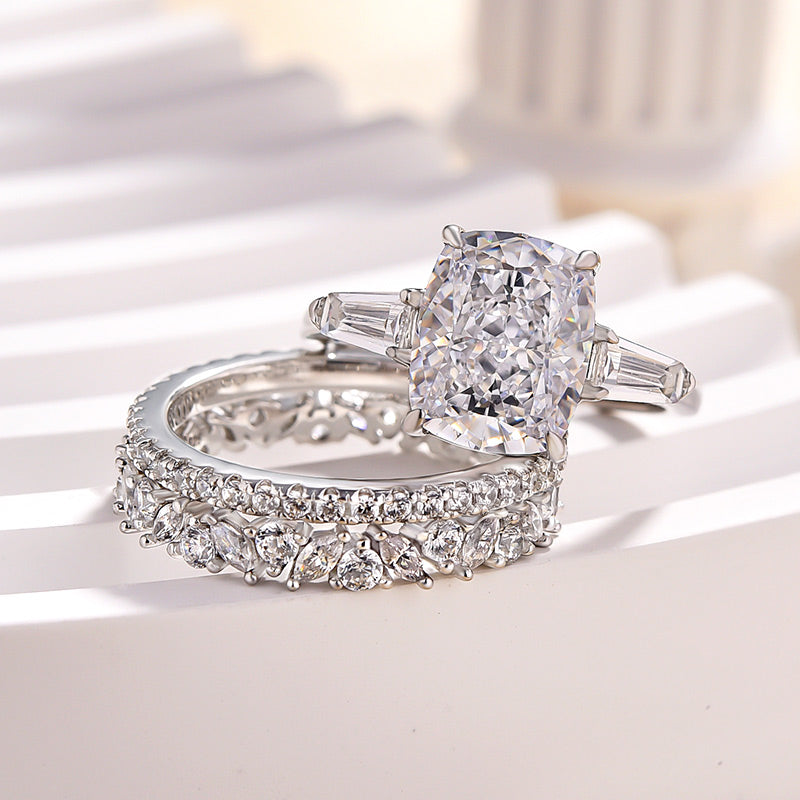 3PCS Cushion Cut Three Stone Bridal Set Rings In Sterling Silver shineofdiamond