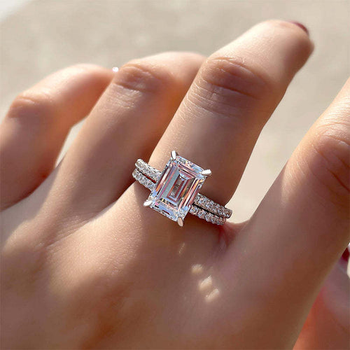 2pcs Solitaire Emerald Cut Bridal Ring Set in Sterling Silver Shineofdiamond