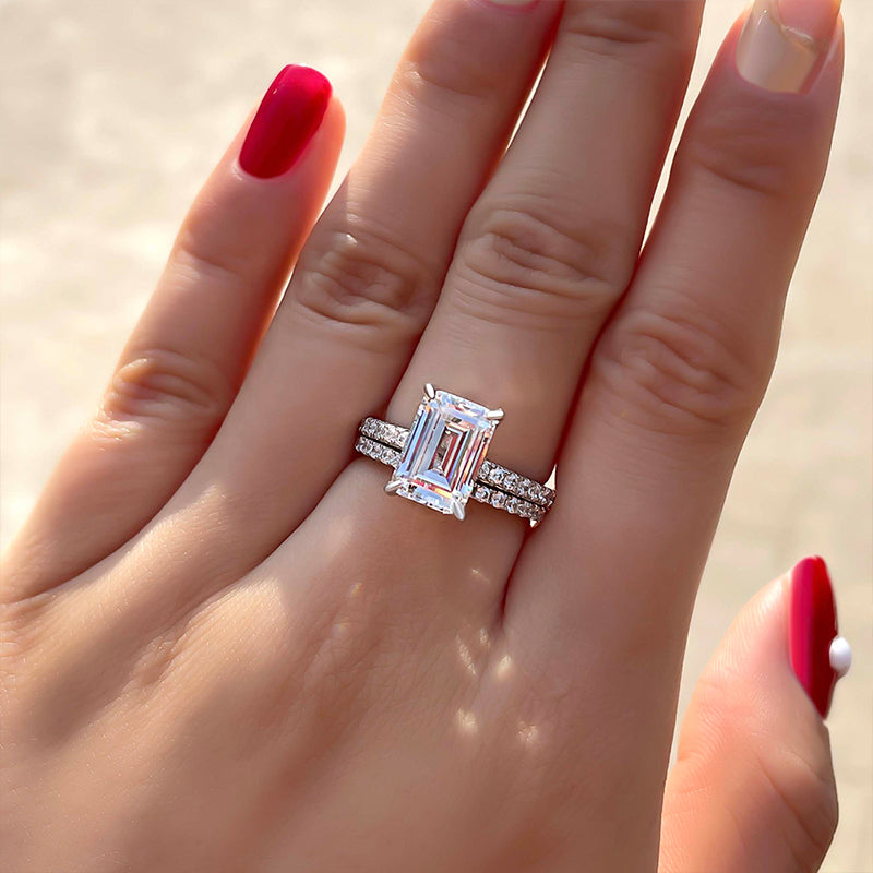 2pcs Solitaire Emerald Cut Bridal Ring Set in Sterling Silver Shineofdiamond