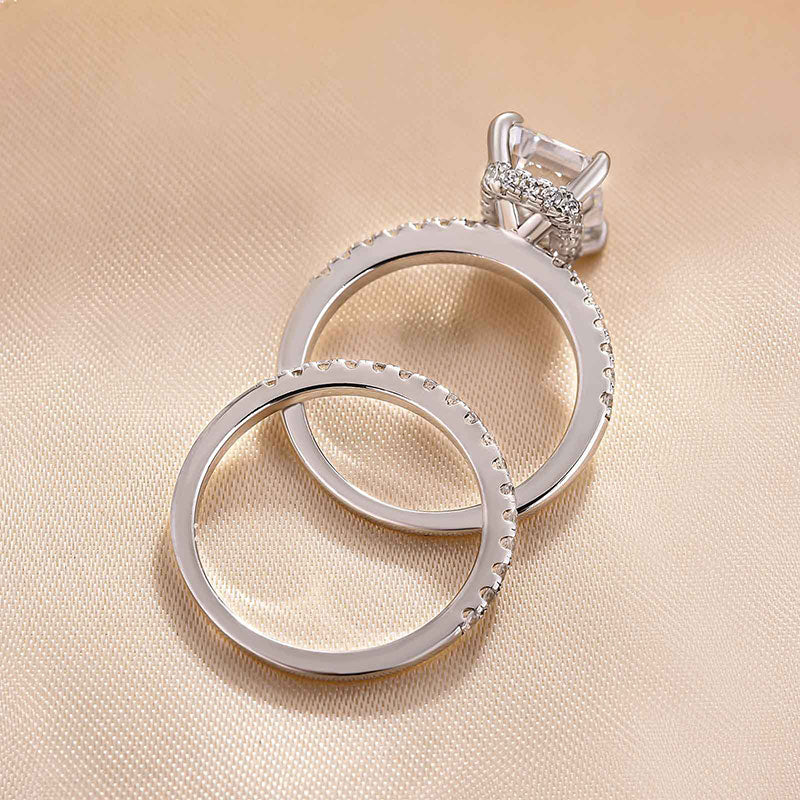 2pcs Solitaire Emerald Cut Bridal Ring Set in Sterling Silver Shineofdiamond