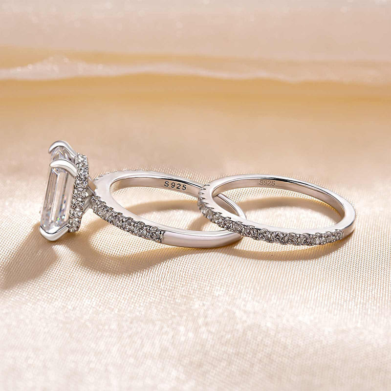 2pcs Solitaire Emerald Cut Bridal Ring Set in Sterling Silver Shineofdiamond