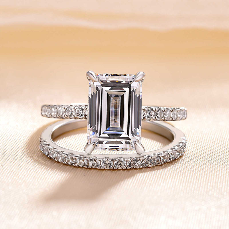 2pcs Solitaire Emerald Cut Bridal Ring Set in Sterling Silver Shineofdiamond