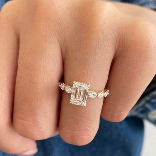 Gold Plated Vintage Emerald Cut Engagement Ring with Side Stones CAAYWORLD