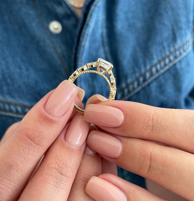 Gold Plated Vintage Emerald Cut Engagement Ring with Side Stones CAAYWORLD