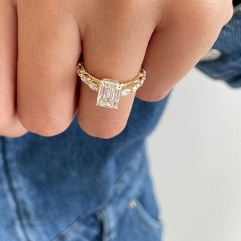 Gold Plated Vintage Emerald Cut Engagement Ring with Side Stones CAAYWORLD