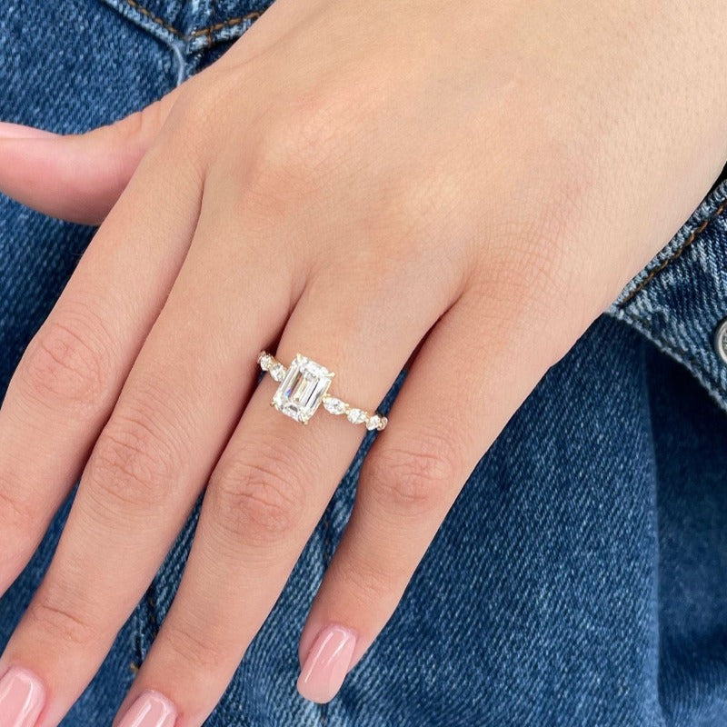 Gold Plated Vintage Emerald Cut Engagement Ring with Side Stones CAAYWORLD