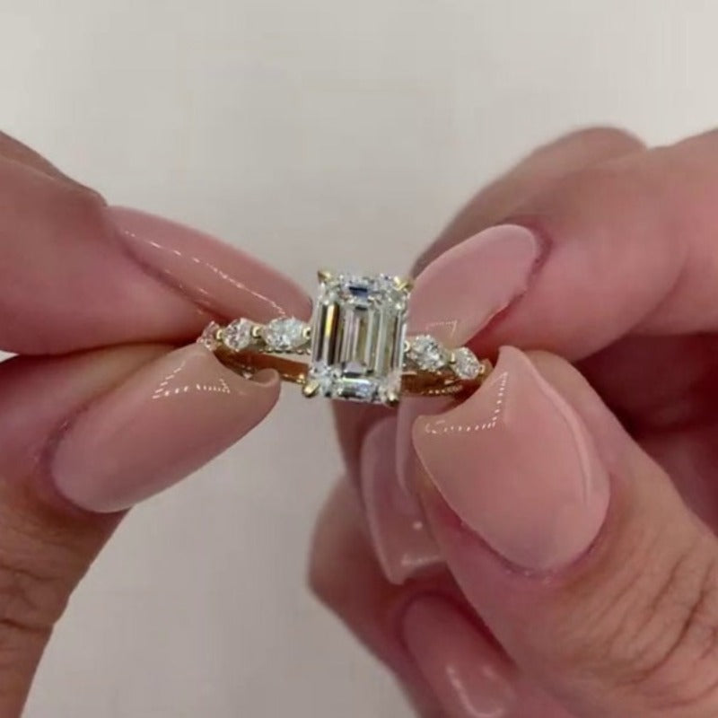 Gold Plated Vintage Emerald Cut Engagement Ring with Side Stones CAAYWORLD