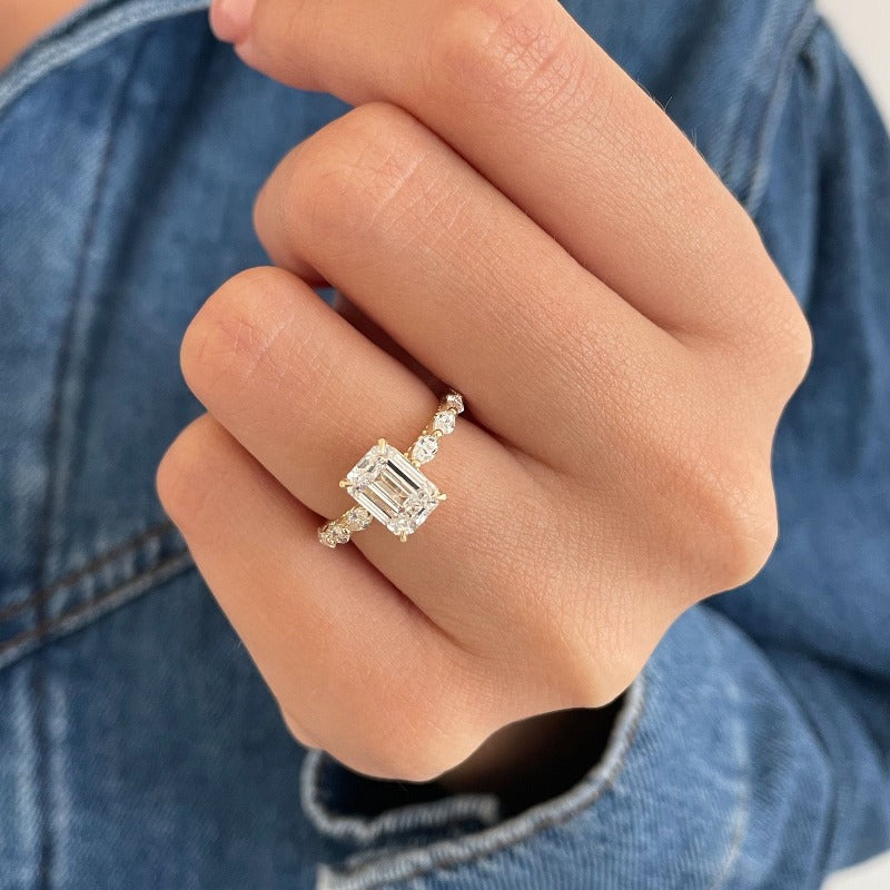 Gold Plated Vintage Emerald Cut Engagement Ring with Side Stones CAAYWORLD