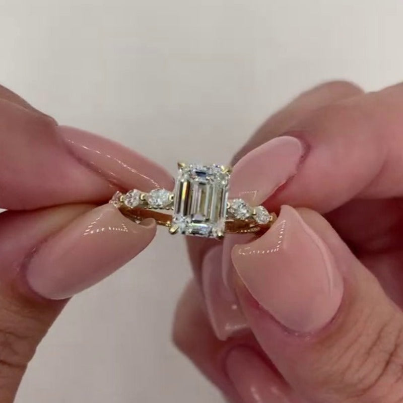 Gold Plated Vintage Emerald Cut Engagement Ring with Side Stones CAAYWORLD