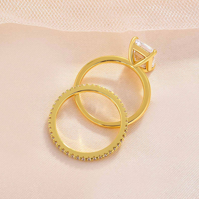 2pcs Gold Tone Emerald Cut Bridal Set Ring In Sterling Silver Shineofdiamond