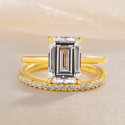2pcs Gold Tone Emerald Cut Bridal Set Ring In Sterling Silver Shineofdiamond