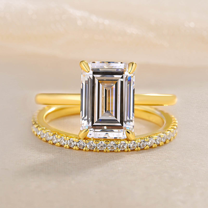 2pcs Gold Tone Emerald Cut Bridal Set Ring In Sterling Silver Shineofdiamond