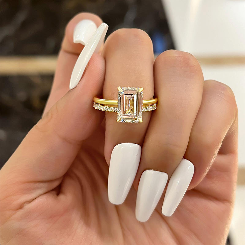 2pcs Gold Tone Emerald Cut Bridal Set Ring In Sterling Silver Shineofdiamond