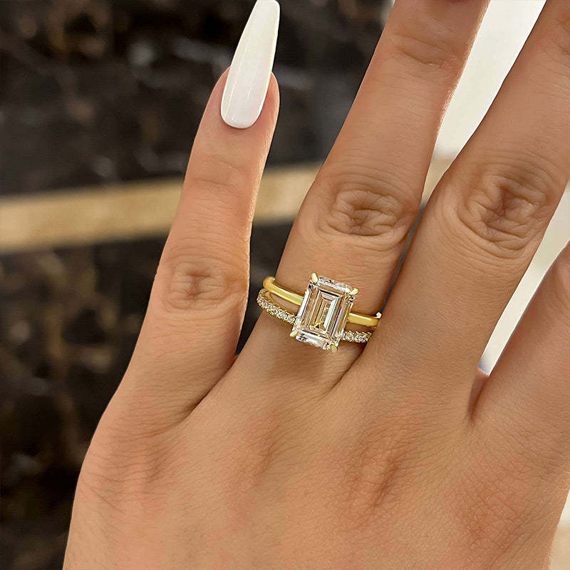 2pcs Gold Tone Emerald Cut Bridal Set Ring In Sterling Silver Shineofdiamond