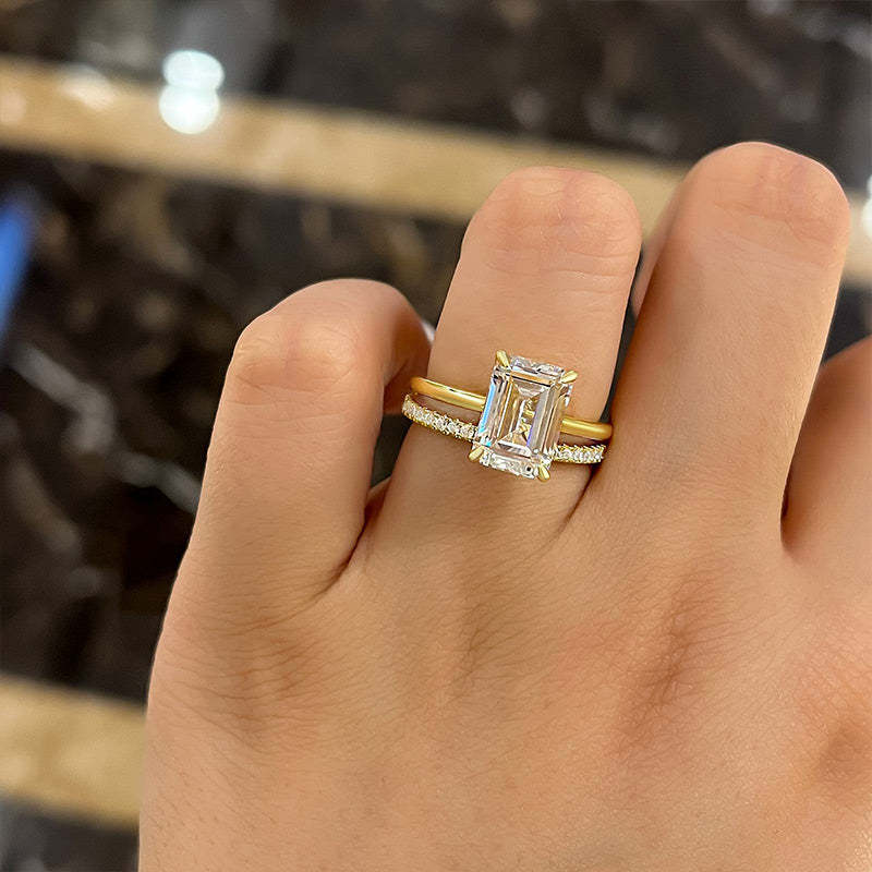2pcs Gold Tone Emerald Cut Bridal Set Ring In Sterling Silver Shineofdiamond