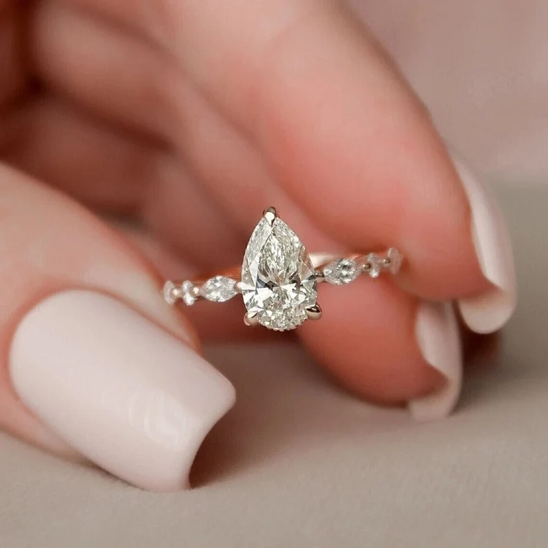 Solitaire Pear Cut with Marquise Cut Stone Engagement Ring in Sterling Silver Shineofidamond
