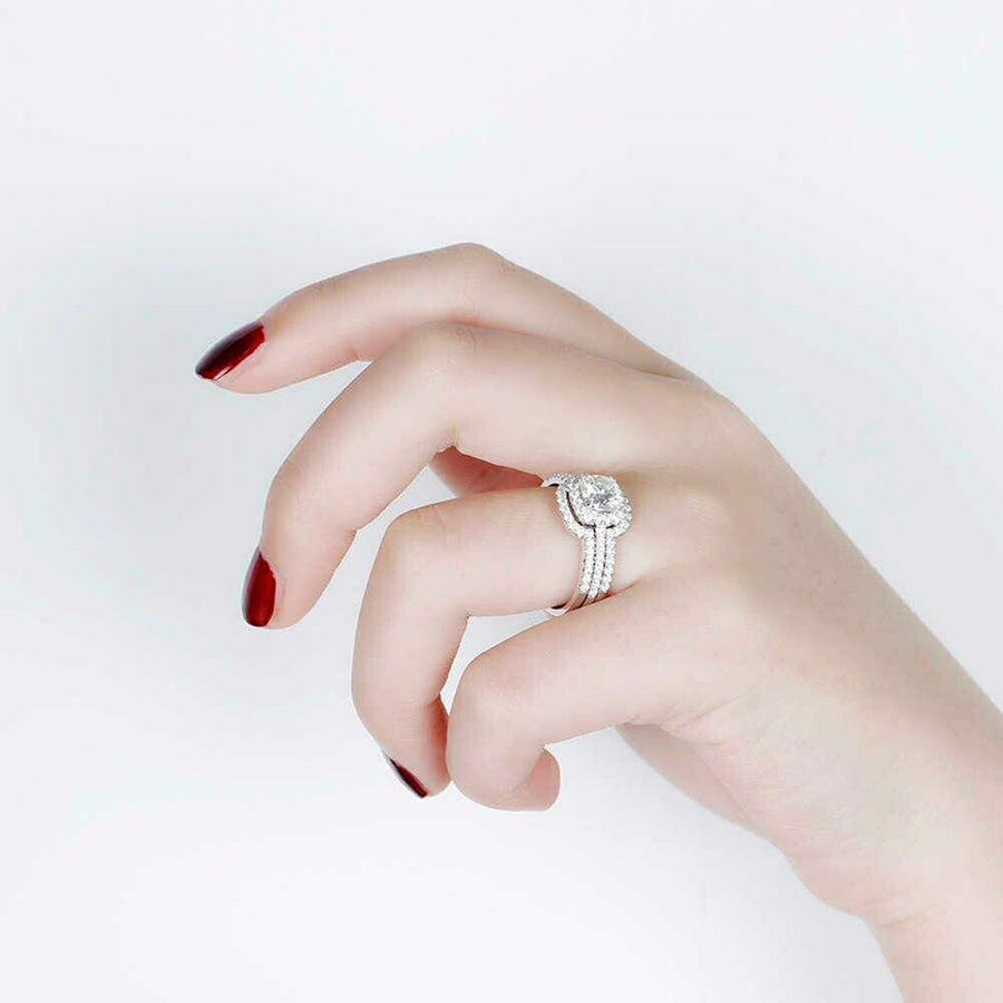 Cushion Cut Halo Enhancer Guard Bridal Ring Set in Sterling Silver Shineofdiamond