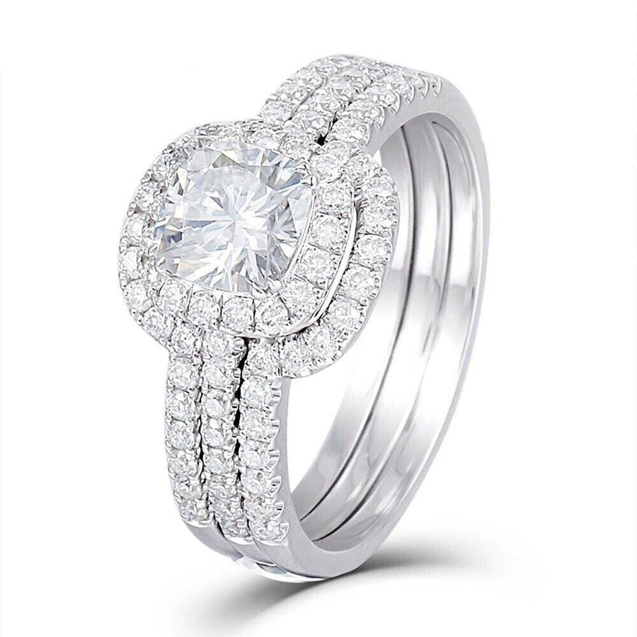 Cushion Cut Halo Enhancer Guard Bridal Ring Set in Sterling Silver Shineofdiamond