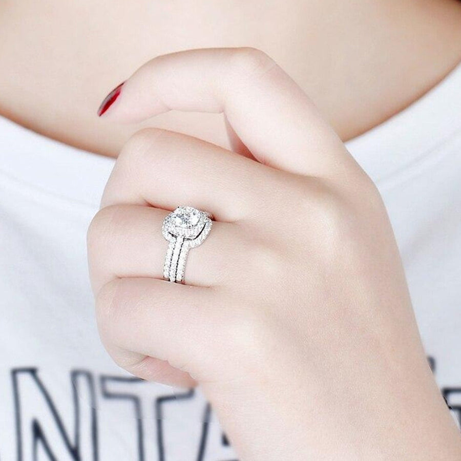 Cushion Cut Halo Enhancer Guard Bridal Ring Set in Sterling Silver Shineofdiamond
