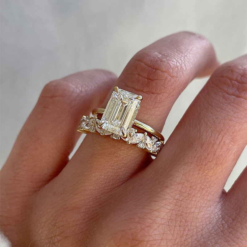 2pcs Gold Tone Emerald Cut Bridal Ring Set In Sterling Silver Shineofdiamond