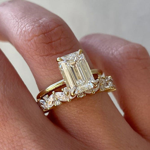 2pcs Gold Tone Emerald Cut Bridal Ring Set In Sterling Silver Shineofdiamond