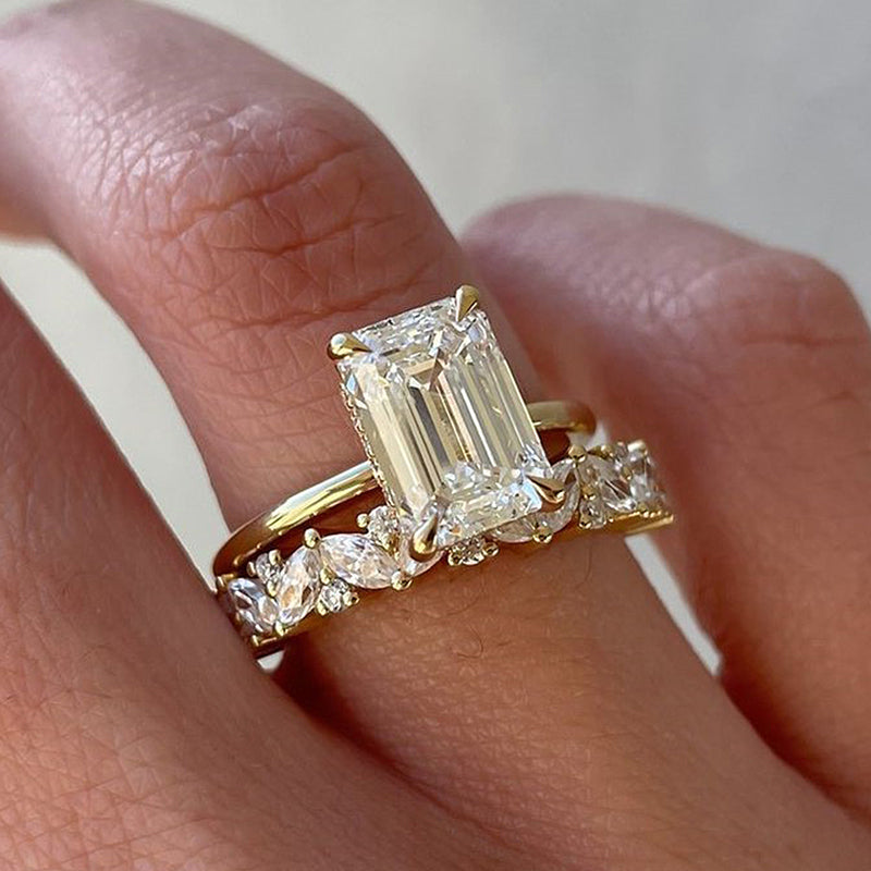 2pcs Gold Tone Emerald Cut Bridal Ring Set In Sterling Silver Shineofdiamond
